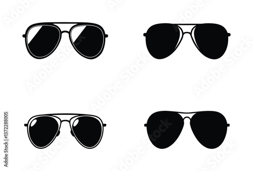 A set of four classic aviator sunglasses vector silhouette designs. Simple collection. Isolated bundle on white background.
