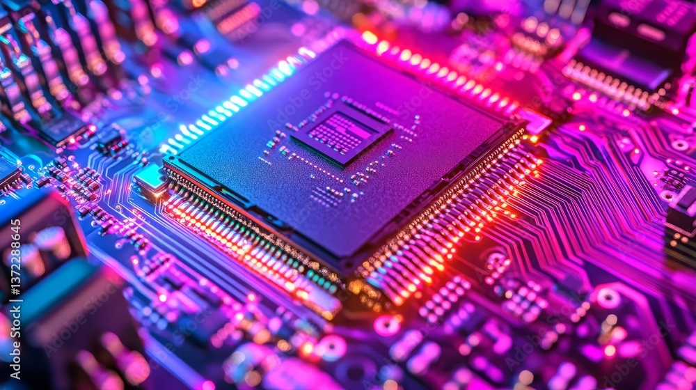 Neon Circuit Board: Abstract Digital Illustration of Glowing Components and Light. Neon Circuit Board: Abstract Digital Illustration of Glowing Components and Light.