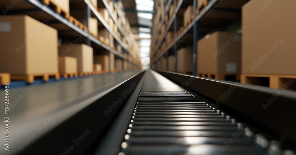 Fototapeta premium Un tapis roulant en métal noir dans un entrepôt avec des étagères remplies de cartons en arrière-plan flou, concept pour la livraison de commandes en ligne dans le secteur du e-commerce.