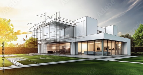 Plan d'architecte d'une maison moderne avec terrain extérieur avec pelouse et arbres, vue en perspective, moitié dessin au trait et photographie couleur.