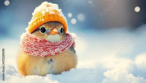 Cute bird in winter hat and scarf on snowy ground.  Possible use Social media post, greeting card