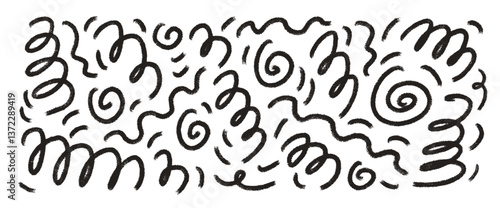 Crayon squiggle wavy shapes. wiggle hand drawn confetti set. Vector black grunge pencil brush strokes lines collection. Curve and swirls vector doodle elements. Curly ink spirals and swooshes.
