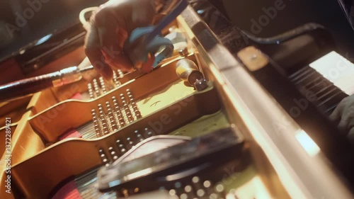 Piano technician adjusting the action mechanism and tuning the strings of a grand piano using a specialized tuning hammer, ensuring precise sound quality under warm lighting