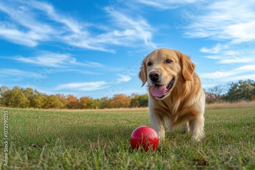 Golden Retriever joyfully playing with a red ball in a grassy field under a clear blue sky.