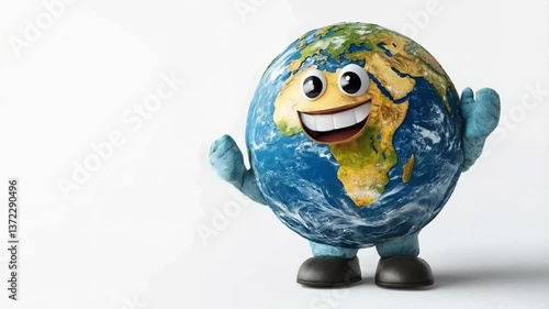 Animated cartoon Earth character smiling with big eyes, celebrating Earth Day