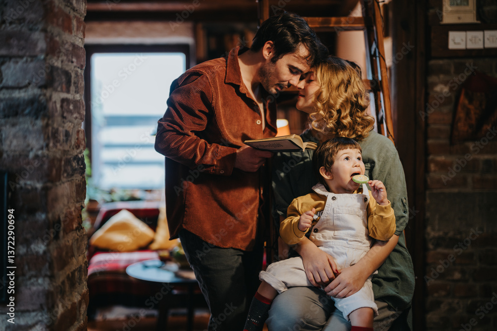 Warm family moment captured in a comfortable home setting as a child enjoys a treat while the parents share a loving kiss Warm family moment captured in a comfortable home setting as a child enjoys a treat while the parents share a loving kiss