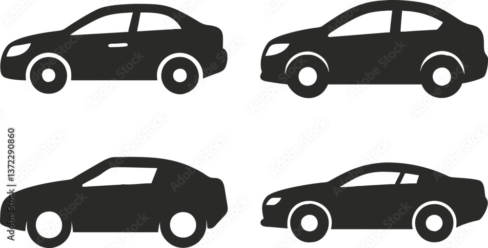 Naklejka premium Vector set of automobile icons featuring silhouettes of various vehicles, including sedan, SUV, and truck designs