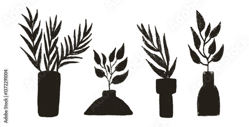 Vase with plant silhouette charcoal set. Flowerpot with leaves crayon pack. Vector hand drawn collection illustration isolated on white background.