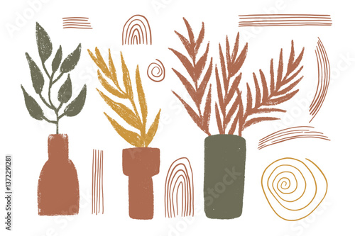 Vase with plant silhouette crayon set. Flowerpot with leaves chalk and boho arch pack. Vector hand drawn terracotta and sage collection illustration isolated on white background.