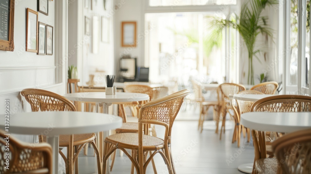 Bright cafe interior with wicker chairs and white tables Bright cafe interior with wicker chairs and white tables