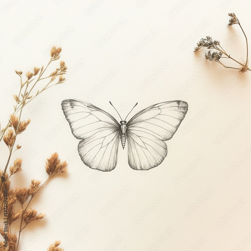 Obraz premium Detailed butterfly sketch on paper with dried flowers