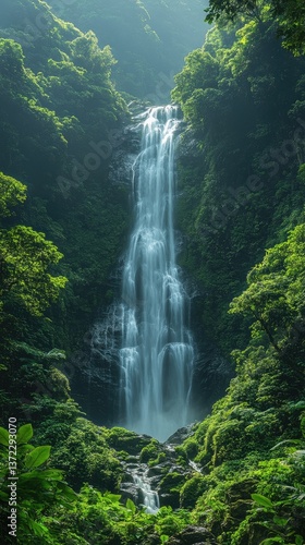 A tall waterfall cascades down into a lush green jungle landscape