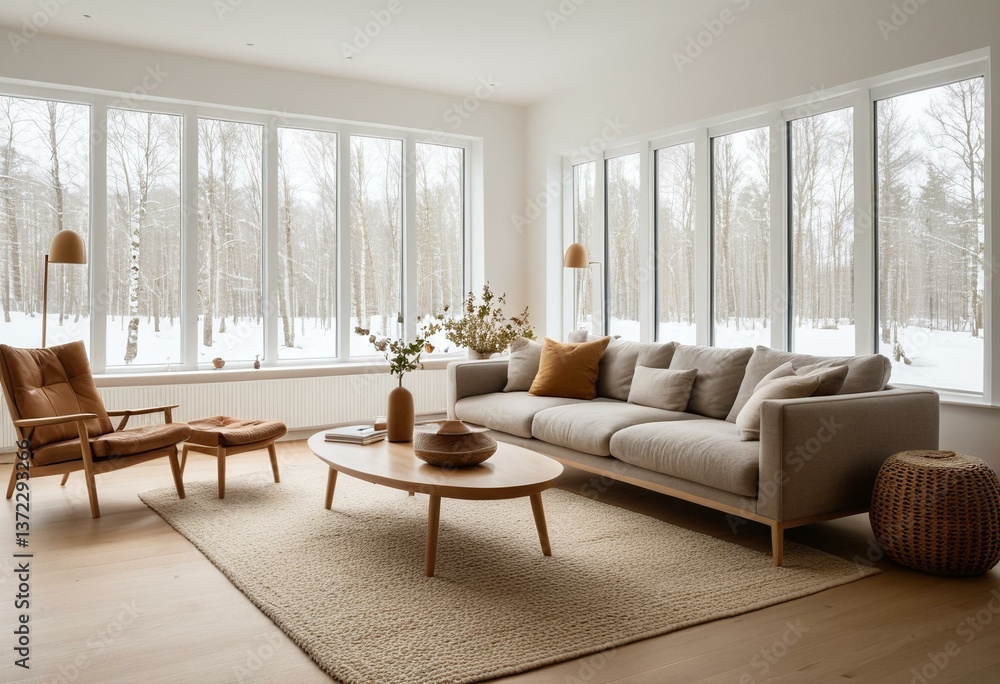 A living room filled with furniture and a large window. A living room filled with furniture and a large window.