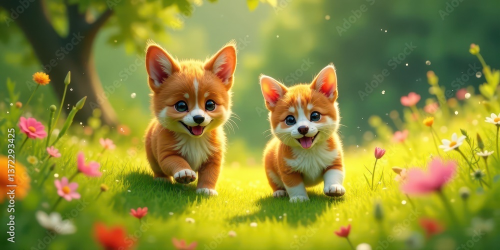 Fototapeta premium Two adorable puppies frolic joyfully in a vibrant meadow, surrounded by a profusion of colorful wildflowers bathed in the warm glow of sunlight.