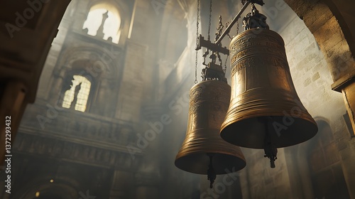 Old bronze church bell ringing in a historic tower