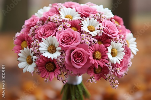Floral Bouquet of Pink Roses and Daisies in Autumn Setting for Wedding Decor