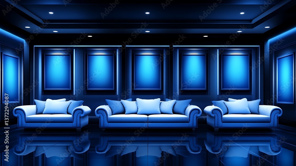 Obraz premium A modern blue interior with couches and illuminated frames