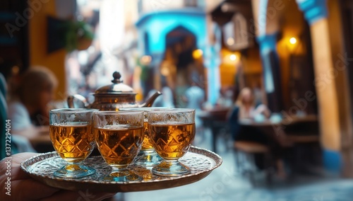Close-up of Moroccan tea served in traditional glasses on a silver tray in a bustling market setting.