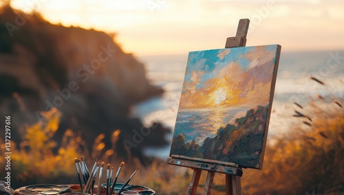 Peaceful landscape painting at sunset by the sea with vibrant hues.