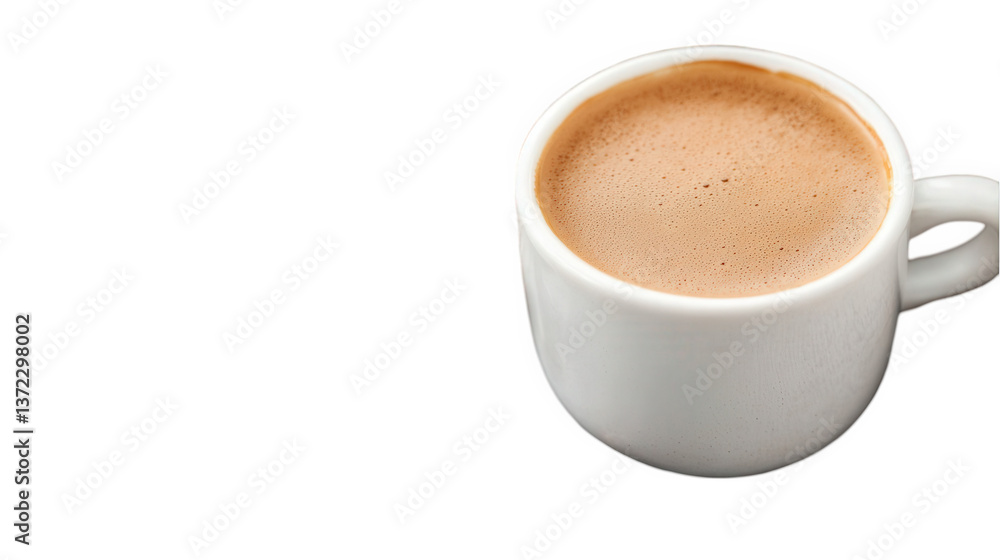 Cup of coffee with a rich brown foam on a white background, ideal for showcasing various coffee blends or recipes during morning routines or afternoon breaks Cup of coffee with a rich brown foam on a white background, ideal for showcasing various coffee blends or recipes during morning routines or afternoon breaks