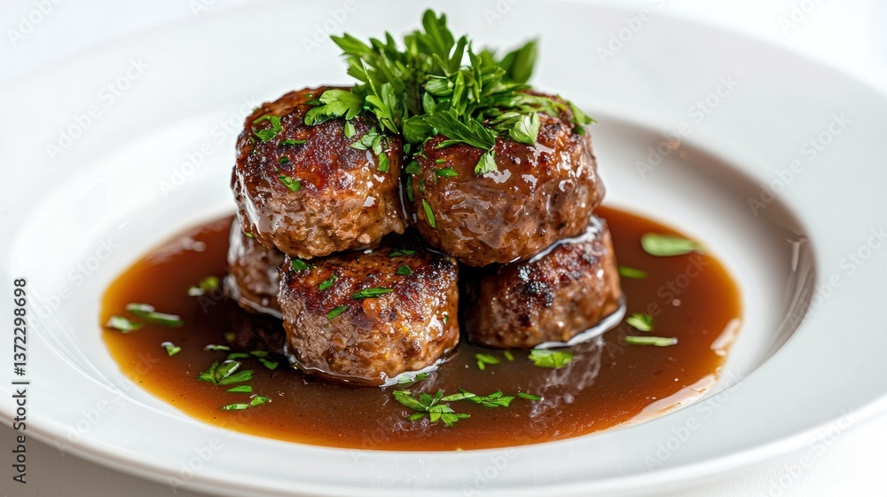 Meatballs with Gravy Juicy meatballs coated in a rich brown gravy, served on a pristine white plate. Garnished with freshly chopped parsley Meatballs with Gravy Juicy meatballs coated in a rich brown gravy, served on a pristine white plate. Garnished with freshly chopped parsley