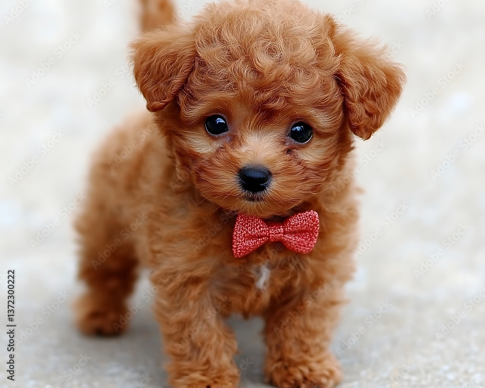 Adorable fluffy puppy wearing a red bow tie looking directly at the viewer Adorable fluffy puppy wearing a red bow tie looking directly at the viewer