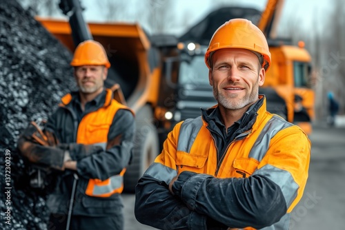 Two construction workers clad in orange safety gear pose confidently at a gravel site, overseeing machinery loading materials during a sunny afternoon, highlighting teamwork and safety