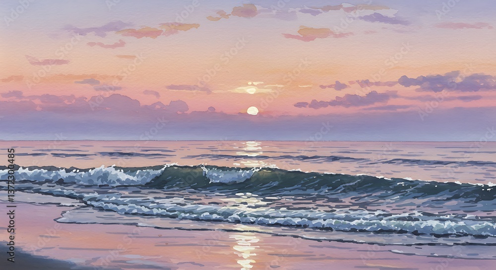 Obraz premium Tranquil Beach Sunset with Gentle Ocean Waves, Watercolor Painting