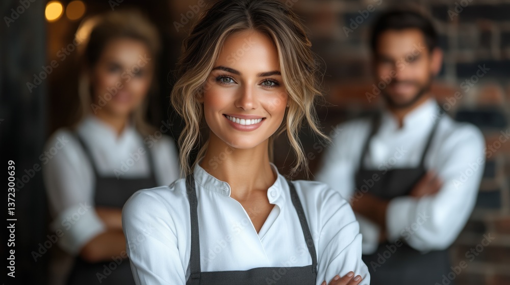 group of three friendly cafe staff members stands together with smiles, showcasing a warm and inviting atmosphere. dim lighting and brick wall enhance the cozy vibe of the setting group of three friendly cafe staff members stands together with smiles, showcasing a warm and inviting atmosphere. dim lighting and brick wall enhance the cozy vibe of the setting