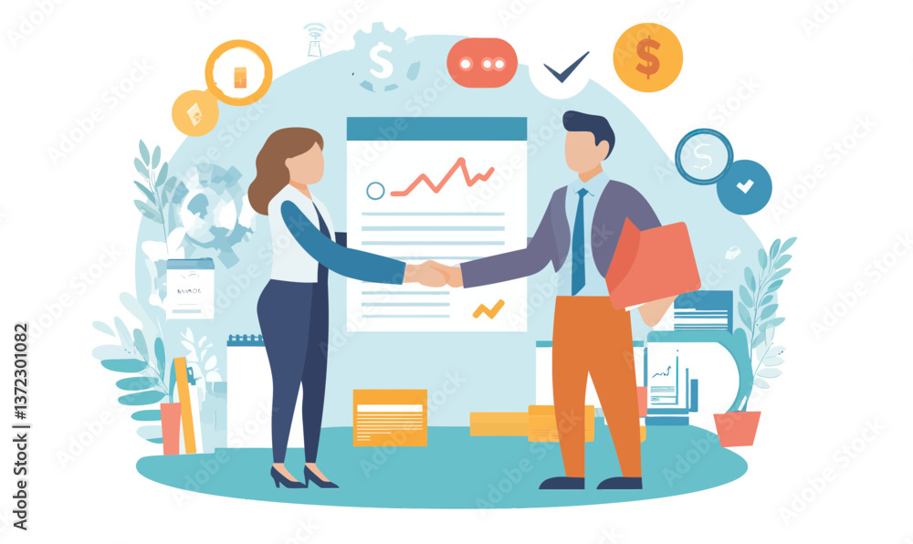 Business Professionals Shaking Hands Reviewing Contract in Modern Office Vector Business Professionals Shaking Hands Reviewing Contract in Modern Office Vector