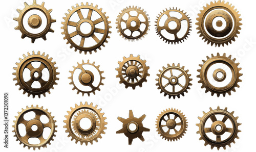 Vintage Brass Gear Collection: Retro Metallic Cogwheels Minimalist Vector Design