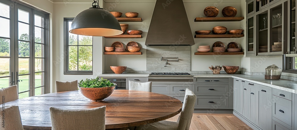 Farmhouse Kitchen with Round Table and Open Shelving