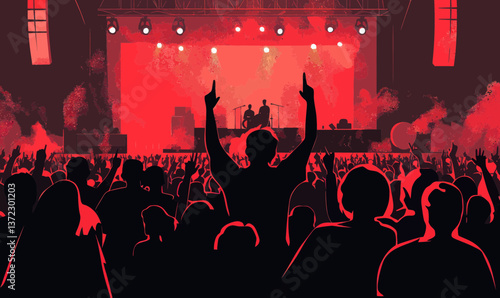 Energetic Live Concert Crowd with Stage Lights and Cheering Audience in Red and Black Vector Illustration