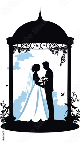 Romantic Silhouette of Bride and Groom in Gazebo at Wedding Ceremony Vector Art