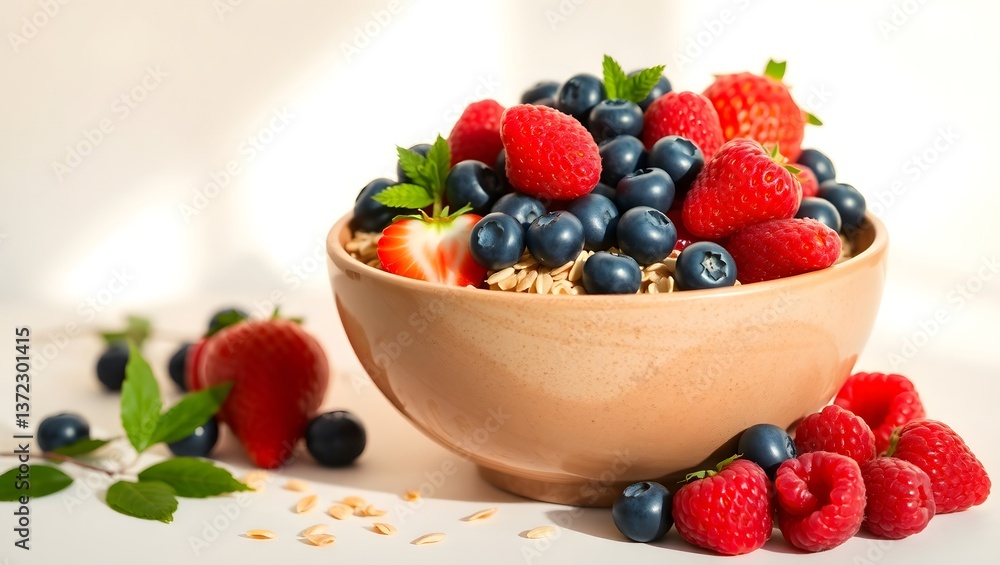 A vibrant bowl overflowing with fresh raspberries, blueberries, and strawberries nestled in creamy oats, bathed in warm sunlight. A vibrant bowl overflowing with fresh raspberries, blueberries, and strawberries nestled in creamy oats, bathed in warm sunlight.