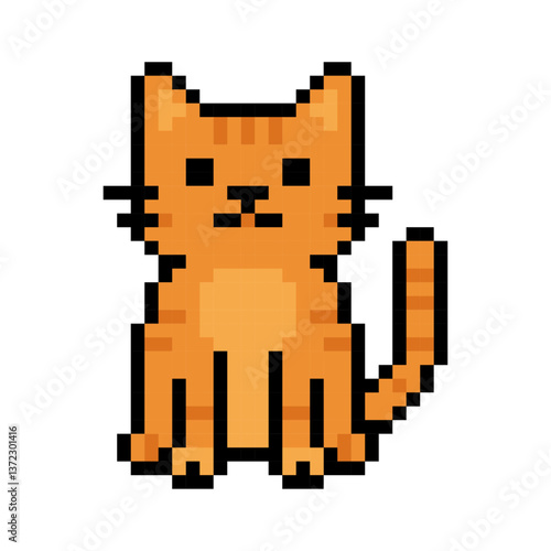 ドット絵の猫（オレンジ）、絵文字、ピクセル、ベクター、アイコン、イラスト、透過背景