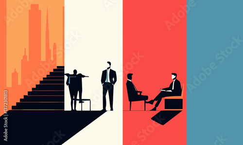 Path to Success: Minimalist Vector Business People with Office and Stairs Concept