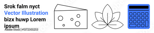 Simple cheese wedge with holes, leaf outline, and calculator emphasizing food, sustainability, finance. Ideal for agriculture, eco-living, culinary, analytics finance wellness simple landing page