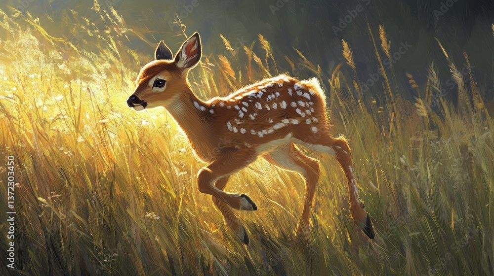 Fawn Running Through Golden Grass Meadow
