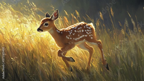 Obraz na płótnie Fawn Running Through Golden Grass Meadow w salonie