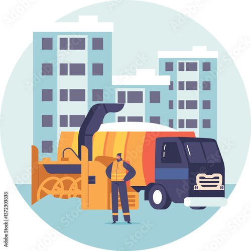 Snow-plow truck cleaning on road