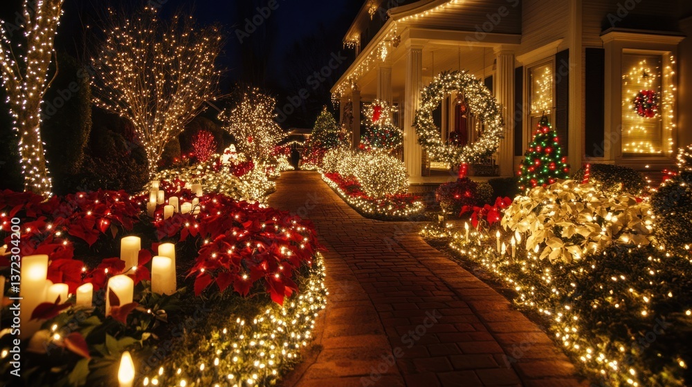Festive Christmas lights illuminate home pathway at night