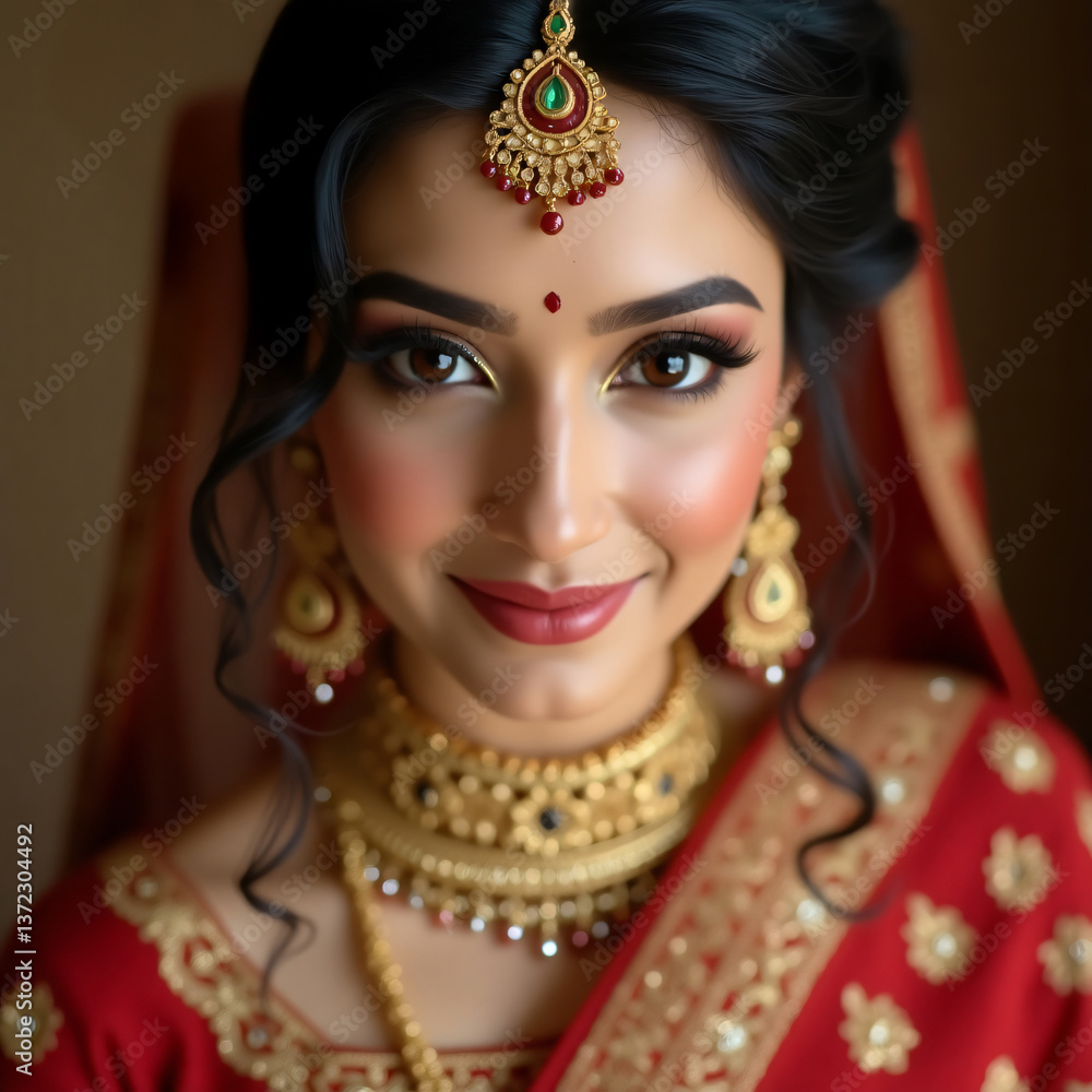 Closeup of stunning Indian bride in vibrant saree with gold jewelry exudes opulent, joyful elegance pure magic, generative ai Closeup of stunning Indian bride in vibrant saree with gold jewelry exudes opulent, joyful elegance pure magic, generative ai
