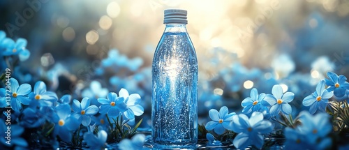 Fototapeta Naklejka Na Ścianę i Meble -  A sparkling water bottle surrounded by delicate blue flowers, fresh mist in the air, dreamy softfocus lighting