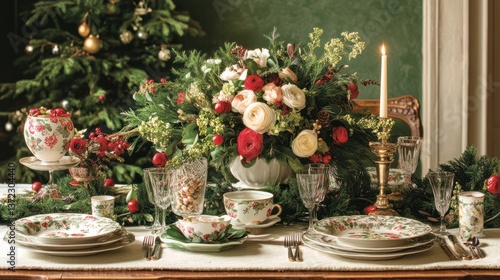 Obraz na płótnie Festive Christmas dinner table setting with flowers and ornaments w salonie