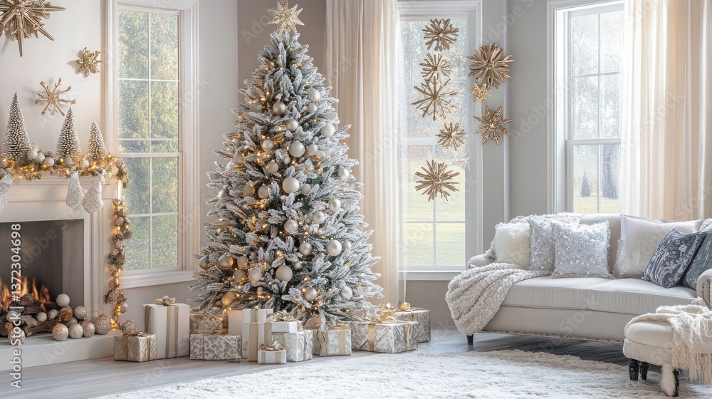 Festive Christmas tree in a living room with fireplace and gifts