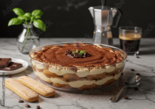 Delicious Italian tiramisu served in a glass dish with coffee and chocolate accents