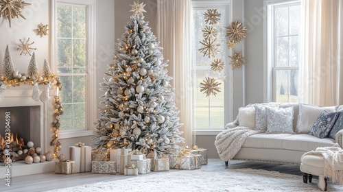 Obraz na płótnie Festive Christmas tree in a living room with fireplace and gifts w salonie
