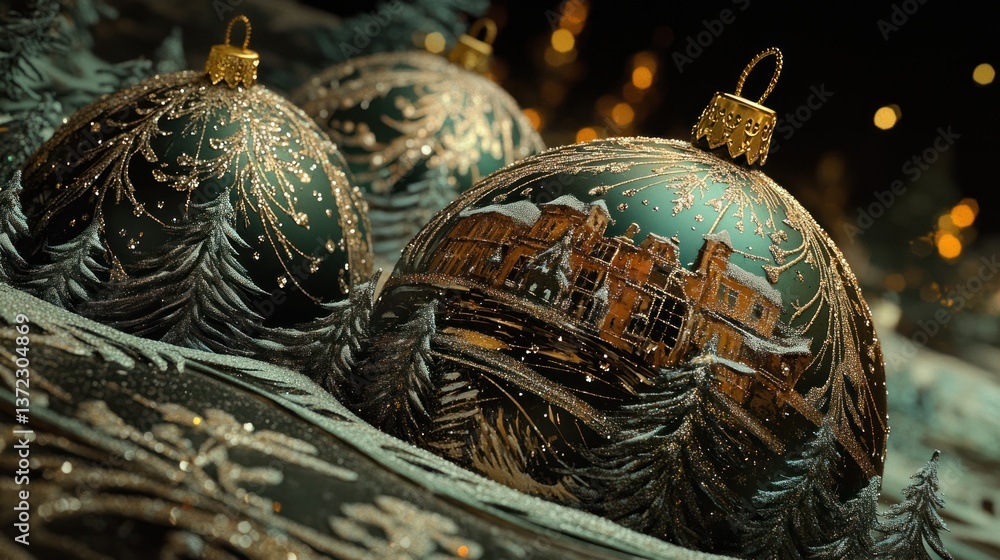 Festive green Christmas ornaments, snowy scene, warm lights background