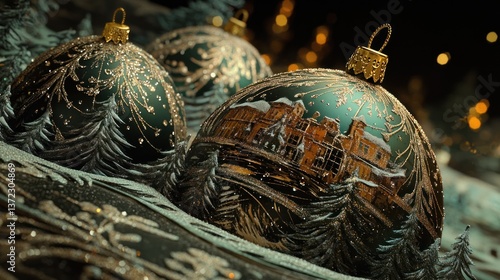 Obraz na płótnie Festive green Christmas ornaments, snowy scene, warm lights background w salonie